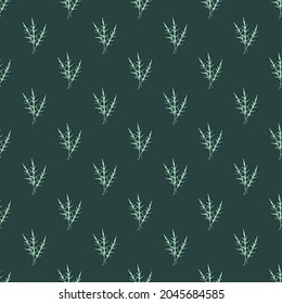 Seamless pattern bunch arugula salad on teal background. Abstract ornament with lettuce. Geometric plant template for fabric. Design vector illustration.