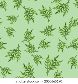 Ensalada de arugula sin foco sobre fondo verde pastel. Ornamento moderno con lechuga. Plantilla de planta aleatoria para tela. Diseñar ilustración vectorial.