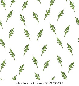 Seamless pattern bunch arugula salad on white background. Minimalistic ornament with lettuce. Random plant template for fabric. Design vector illustration.