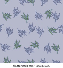 Seamless pattern bunch arugula salad on gray background. Abstract ornament with lettuce. Random plant template for fabric. Design vector illustration.