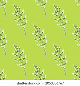 Seamless pattern bunch arugula salad on bright green background. Modern ornament with lettuce. Geometric plant template for fabric. Design vector illustration.