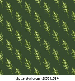 Seamless pattern bunch arugula salad on green background. Modern ornament with lettuce. Geometric plant template for fabric. Design vector illustration.