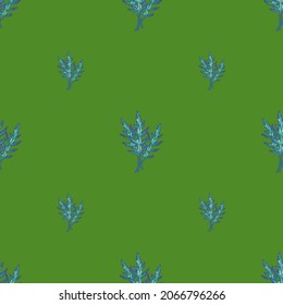 Seamless pattern bunch arugula salad on green background. Abstract ornament with blue lettuce. Geometric plant template for fabric. Design vector illustration.