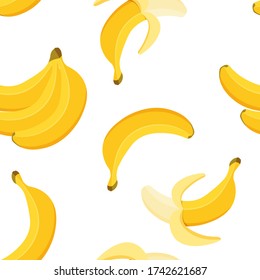 Nahtloses Muster von Bananen. Tropische Früchte, Bananenjause oder vegetarische Küche. Food-Konzept für Vorlagenbeschriftung, Verpackung und Emblem für den Bauernmarkt. Vector-Abbildung.