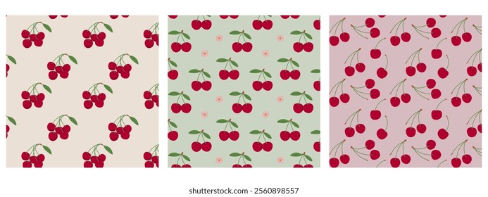 Seamless pattern with a bunch of cherries and a cute flower on a pink, green and beige background vector. Cute fruit prints.