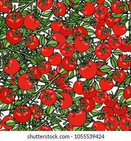Seamless Pattern of Bunch Cherry Tomatoes on a Branch With Leaves. Botanical Gardening Illustration. Ketchup Logo or Vegetable Salad. Realistic Hand Drawn Vector Illustration. Savoyar Doodle Style.