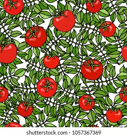 Seamless Pattern of Bunch Cherry Tomatoes on a Branch With Leaves. Botanical Gardening Illustration. Ketchup Logo or Vegetable Salad. Realistic Hand Drawn Vector Illustration. Savoyar Doodle Style.