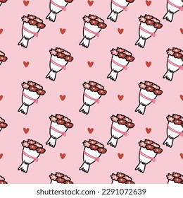 Seamless pattern bunch of flower with heart on pink backgorund.Rose floral.Lover.Couple.Valentines day.Sweet heart.Kawaii.Vector.Illustration.