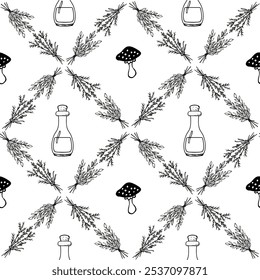 Padrão perfeito com um monte de ervas aromáticas, cogumelos e óculos. Bruxaria gramíneas selvagens em padrão de repetição regular. Plano de fundo de esboço de Halloween. Fundo para sites, embalagens, papéis de parede