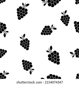 Seamless pattern with bunch of grapes. Black sign grape on white background. Berry flat icon. Modern design for print on fabric, wrapping paper, wallpaper, packaging. Vector illustration