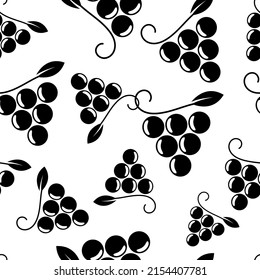 Seamless pattern with bunch of grapes. Black sign grape on white background. Berry flat icon. Modern design for print on fabric, wrapping paper, wallpaper, packaging. Vector illustration