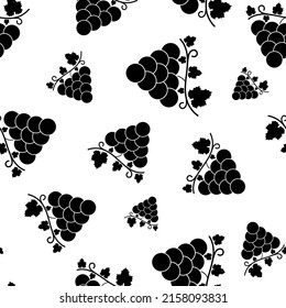 Seamless pattern with bunch of grapes. Black sign grape on white background. Berry flat icon. Modern design for print on fabric, wrapping paper, wallpaper, packaging. Vector illustration