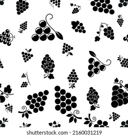 Seamless pattern with bunch of grapes. Black sign grape on white background. Berry flat icon. Modern design for print on fabric, wrapping paper, wallpaper, packaging. Vector illustration