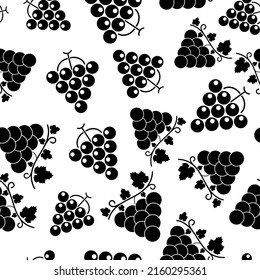 Seamless pattern with bunch of grapes. Black sign grape on white background. Berry flat icon. Modern design for print on fabric, wrapping paper, wallpaper, packaging. Vector illustration