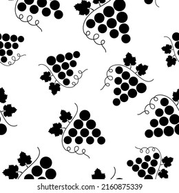 Seamless pattern with bunch of grapes. Black sign grape on white background. Berry flat icon. Modern design for print on fabric, wrapping paper, wallpaper, packaging. Vector illustration