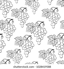 Seamless Pattern, Bunch of Grapes with Leaves and Berries Black Contour Pictograms Isolated on Tile White Background. Vector