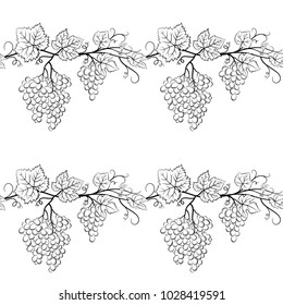 Seamless Pattern, Bunch of Grapes with Leaves and Berries Black Contour Pictograms Isolated on Tile White Background. Vector