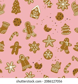 Seamless pattern with bunch of hand drawn holiday cookies. Christmas tree, toy, star, snowflake, gingerbread man, house, sock. Background for Christmas cookie recipe, blog, bakery or holiday card.