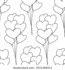 Seamless pattern with bunch of heart shaped balloons. Vector outline background. Clipart for valentine's day, birthday, wedding, mother's day, anniversary or holiday parties