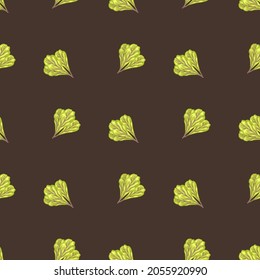 Seamless pattern bunch mangold salad on brown background. Minimalism ornament with lettuce. Geometric plant template for fabric. Design vector illustration.