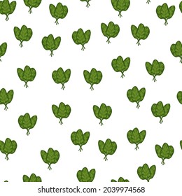 Seamless pattern bunch spinach alad on white background. Simple ornament with lettuce. Random plant template for fabric. Design vector illustration.