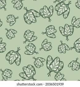 Seamless pattern bunch spinach salad on pastel background. Abstract ornament with lettuce. Random plant template for fabric. Design vector illustration.