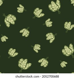 Seamless pattern bunch spinach salad on dark green background. Simple ornament with lettuce. Random plant template for fabric. Design vector illustration.
