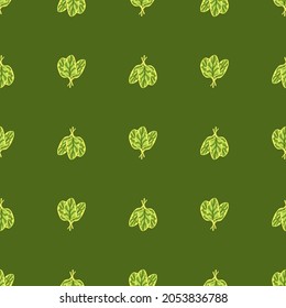 Seamless pattern bunch spinach salad on green background. Minimalistic ornament with lettuce. Geometric plant template for fabric. Design vector illustration.