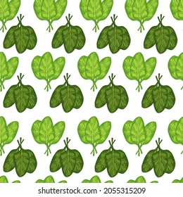 Seamless pattern bunch spinach salad on white background. Simple ornament with lettuce. Geometric plant template for fabric. Design vector illustration.