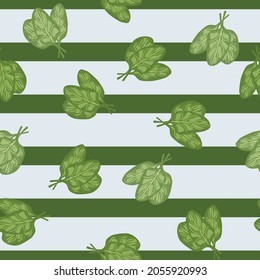 Seamless pattern bunch spinach salad on blue striped background. Modern ornament with lettuce. Random plant template for fabric. Design vector illustration.