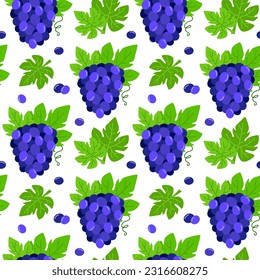 Seamless pattern with bunches of blue grapes. Vector illustration with fruit. Summer background with berries of grapes and green leaves.