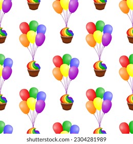Seamless pattern with bunches of colorful balloons and cupcakes on a white background. Design for holiday decoration, fabric, wallpaper or wrapping paper. Vector illustration.