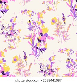 Seamless pattern with bunches of different grass and herbs in bold bright colors. Floral cottagecore background. Dry herbarium plants wallpaper. Eco botanical texture