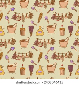 Seamless pattern. Bunches of dried herbs with mushroom, candle and bag, bowl and pestle, salvia and lavender. Herbalism. Colorful vector doodle illustration hand drawn. Print for fabric or paper