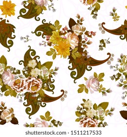 Seamless pattern with bunches of garden flowers and paisley against lace ornament on white background. Summer print for fabric, tapestry, wallpaper.