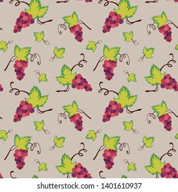 Seamless pattern with bunches of grapes and green leaves