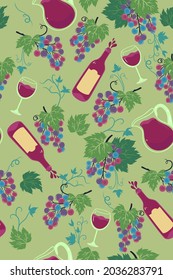 Patrón sin foco con racimos de uva y vino. Gráficos vectoriales.