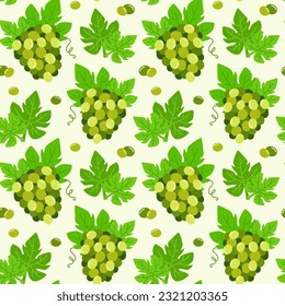Seamless pattern with bunches of green grapes. Vector illustration with fruit. Summer background with berries of grapes and leaves.