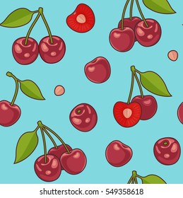 Seamless pattern with Bunches of juicy cherries, single berries and pit