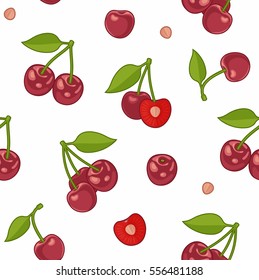 Seamless pattern with Bunches of juicy cherries, single berries and pit