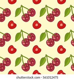 Seamless pattern with Bunches of juicy cherries and single berries with pit.