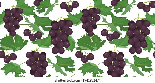 Seamless pattern of bunches of purple grapes and green leaves on a light background for wrapping paper, fabric, cover and other users. Fruit summer background.Vector illustration.