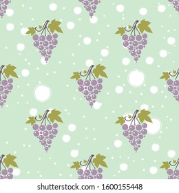 Seamless pattern with bunches of ripe grapes on blue background. Flat Vector Illustration