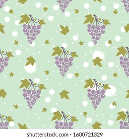 Seamless pattern with bunches of ripe grapes on blue background. Flat Vector Illustration
