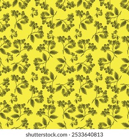 Patrón sin fisuras con racimos de bayas serranas sobre un fondo amarillo.  Ilustración con fines de diseño como telas, Fondo de pantalla o papel de regalo.