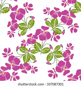 Seamless pattern with bunches of violet flowers in retro style. Vector illustration for textile, decorative paper, packaging, invitations, cards.