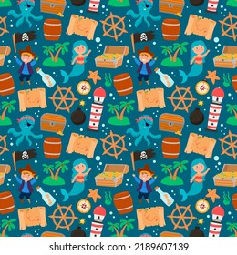 Patrón sin foco. Pirata del paquete, mapa del tesoro, rueda del barco, pecho, etc.