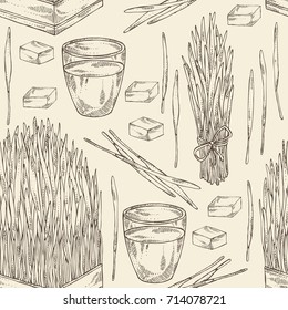 Seamless pattern with bundle of wheat grass and cocktail of juice wheat grass. Superfood. Vector hand drawn illustration.