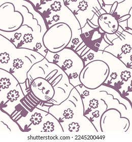 Seamless pattern with bunnies and balloons. Vector illustration