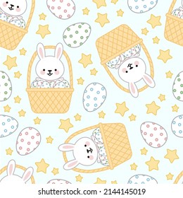  Seamless pattern of bunnies in a basket and eggs